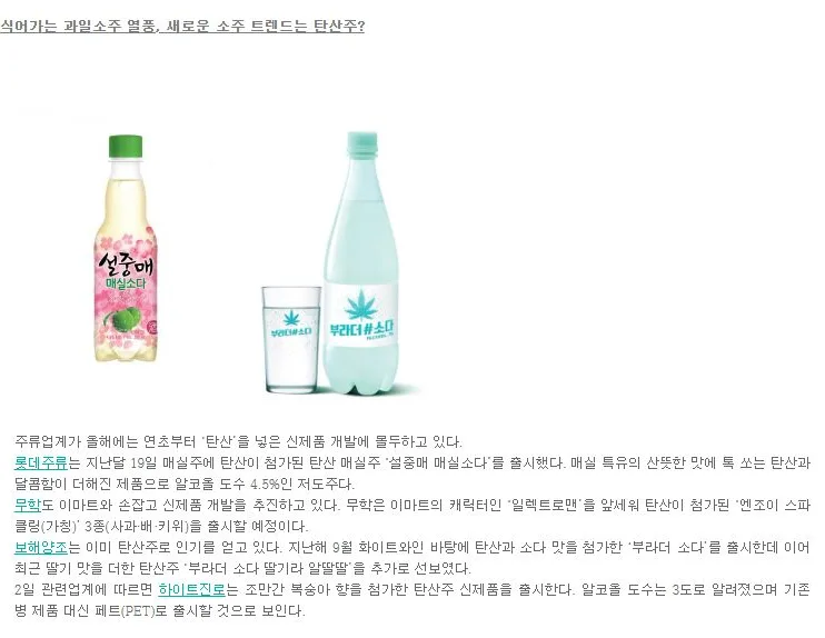 [트렌드] 식어가는 과일소주, 새로운 트렌드는 탄산주?